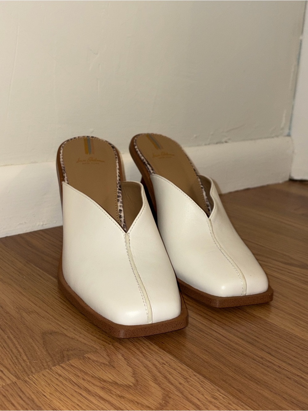 White Leather Slip-On Mule Block Heels